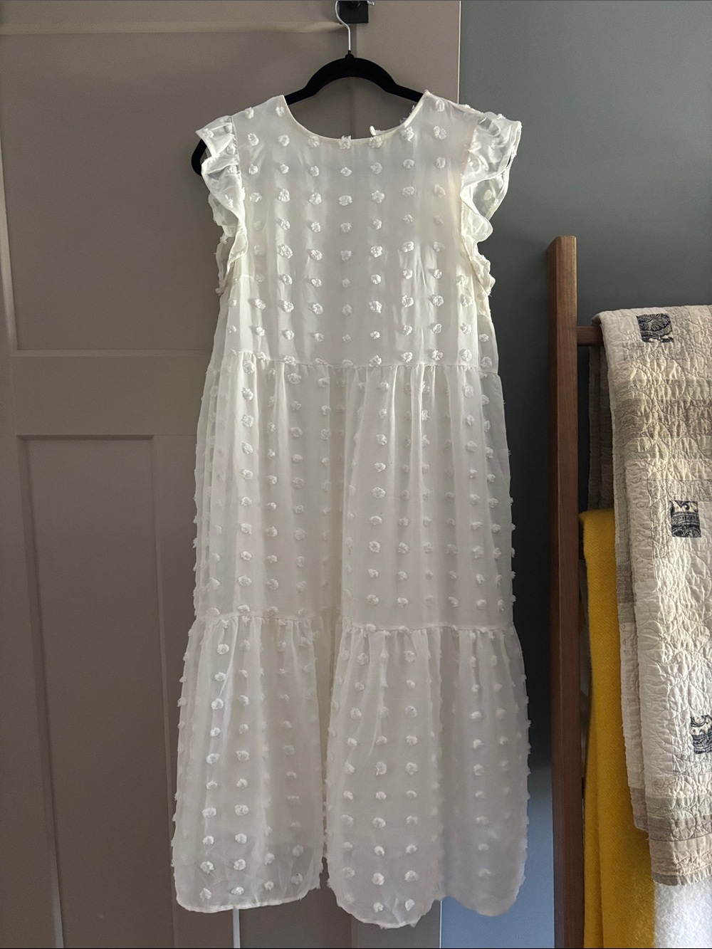 Love By Design White Swiss Dot Ruffle Cap Sleeve Midi Dress